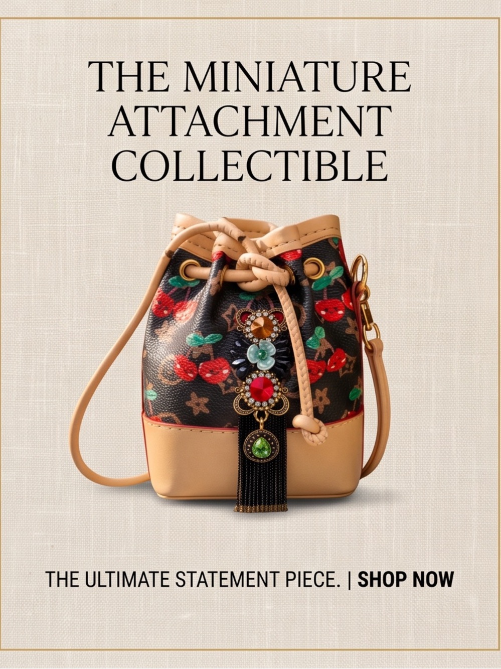 Mini Bucket Crossbody Bag in Black Cherry Print and Tan